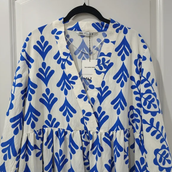 ZARA Cobalt Blue Botanical Print Long Sleeve V-Neck Tiered Babydoll Mini Dress - Picture 3 of 15